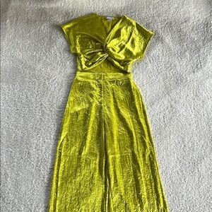 Lime Green Satin Two Piece Set Blouse and Pants.